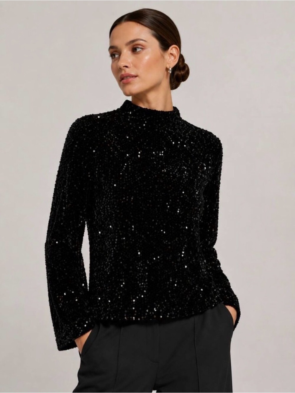NWT J.McLaughlin Leeza Black Velvet Sequin Mock Neck Blouse Party Evening Top L